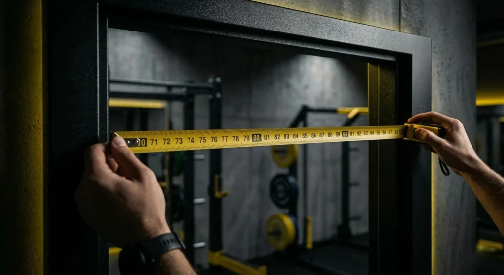 Taking Measurement of doorway width with measure tap