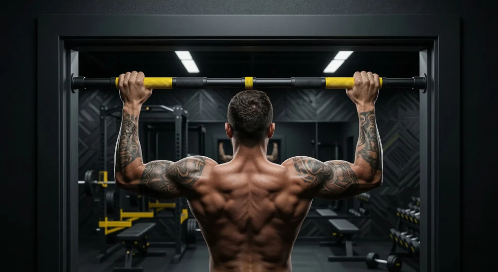 man doing pull ups on adjutable pul up bar in home to showcase installation guide